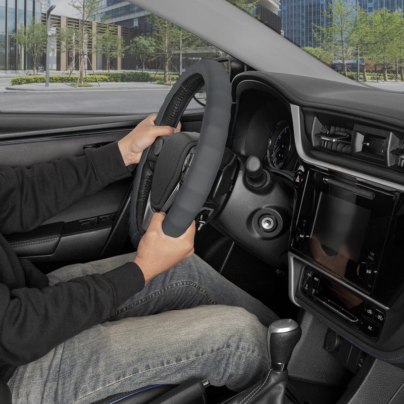 BDK Genuine Gray Leather Steering Wheel Cover for Car, Medium (14.5" - 15.5") â€“ Ergonomic Comfort Grip for Men & Women, Universal Fit Car Steering Wheel Cover for Most Vehicles - Image 3